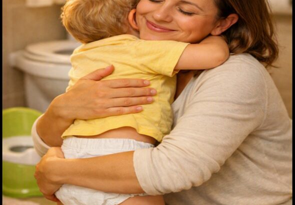 Mother Hugs Toddle after Potty Training