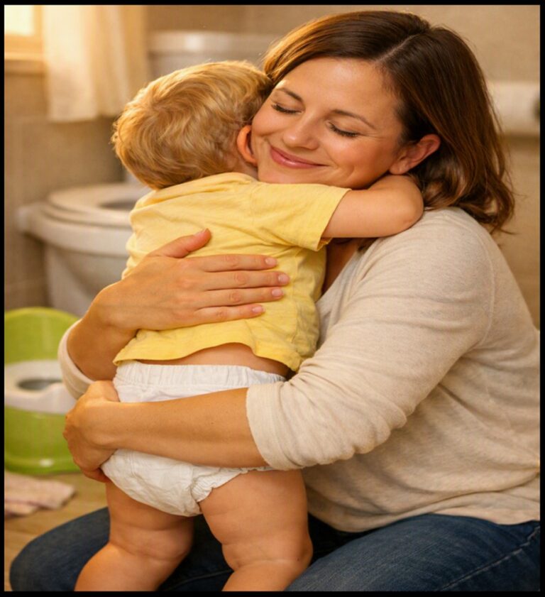 Mother Hugs Toddle after Potty Training