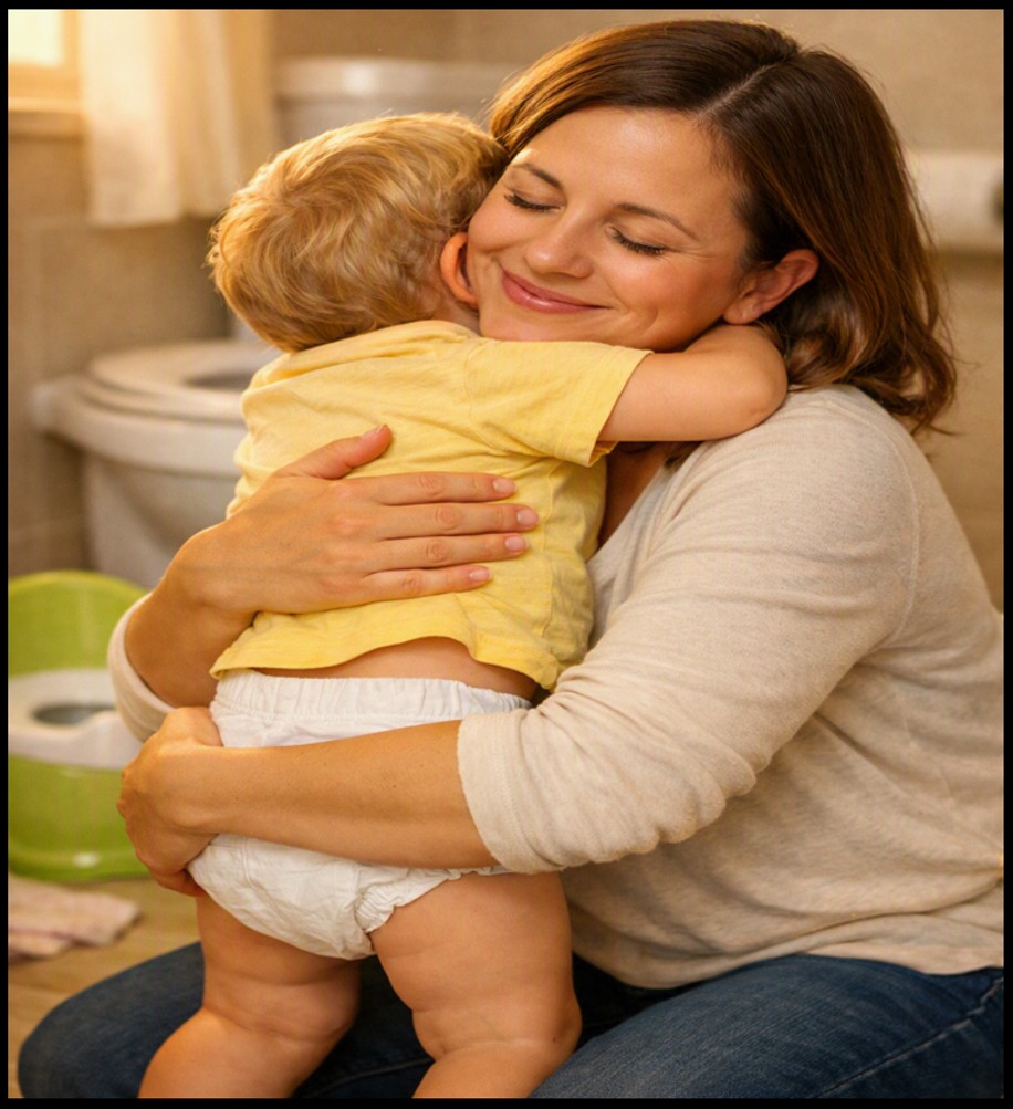 Mother Hugs Toddle after Potty Training